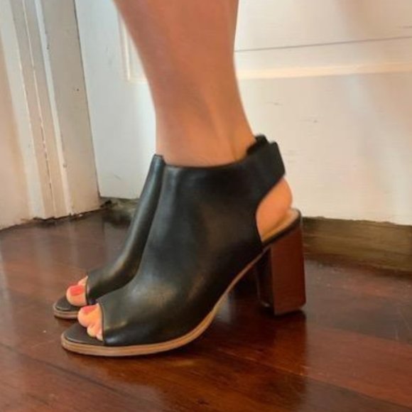 Black Genuine Leather Open Toe Chunky Heel Bootie - Picture 3 of 5